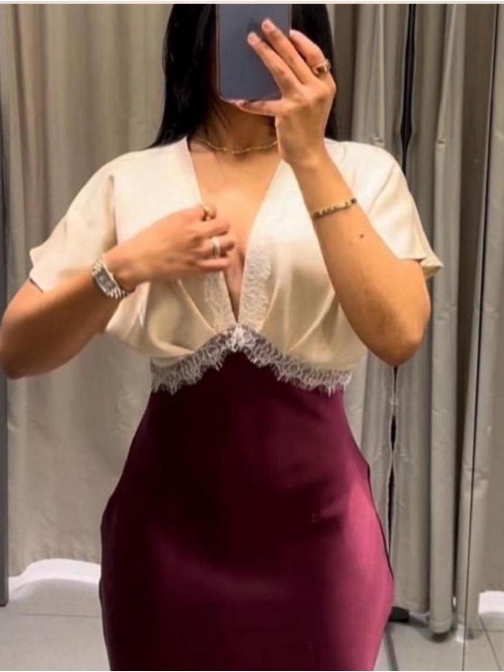 Zara Cream and Burgundy Satin Dress